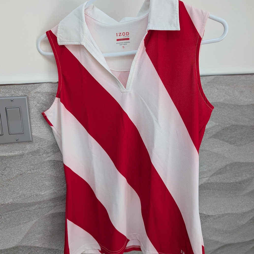 IZOD Red and White Striped Sleeveless Polo Shirt